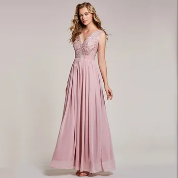 Dressv skrællen pink lang kjole til aften i billige v-hals lace applikationsbroderi en linje bryllup part formel kjole chiffon aften kjoler
