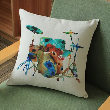 Drum Guitar, Sax Smide pudebetræk Akvarel Musik Instrument Dekorativ Pillow Cover til Sofa Bil, Stol dekoration coussin