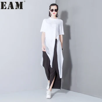 [EAM] 2018 Forår Mode Nye Solid Farve Split T-Shirt koreanske Løs Modal Uregelmæssige T-Shirts, Toppe, Tynde Kvinde T29800