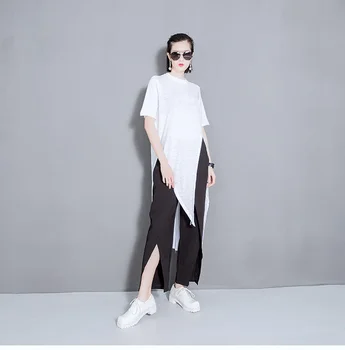 [EAM] 2018 Forår Mode Nye Solid Farve Split T-Shirt koreanske Løs Modal Uregelmæssige T-Shirts, Toppe, Tynde Kvinde T29800