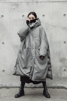 [EAM] 2018 forår og vinter hætteklædte solid farve lys grå fortykkelse stor størrelse vent varm frakke kvinder jakke mode tidevand JE02002