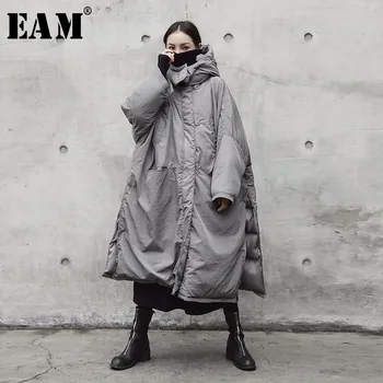 [EAM] 2018 forår og vinter hætteklædte solid farve lys grå fortykkelse stor størrelse vent varm frakke kvinder jakke mode tidevand JE02002