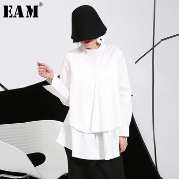 [EAM] 2018 foråret plus size lange skjorter kvinder bluser Long-sleeve hvid loose-toppe sort hvid bomuld skjorte stor størrelse C006111