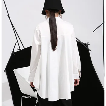 [EAM] 2018 foråret plus size lange skjorter kvinder bluser Long-sleeve hvid loose-toppe sort hvid bomuld skjorte stor størrelse C006111