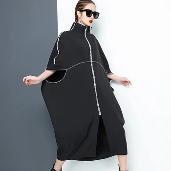 [EAM] 2018 nye forår stå krave lange ærmer sort brev lynlås uregelmæssige stor størrelse solid kjole kvinder mode tidevand JE65001