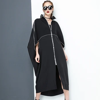 [EAM] 2018 nye forår stå krave lange ærmer sort brev lynlås uregelmæssige stor størrelse solid kjole kvinder mode tidevand JE65001