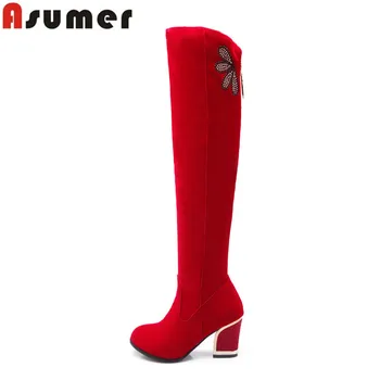 Efterår og vinter holde varmen nubuck læder af høj hæl over knæet støvler med nitter, rødt sorte lange støvler til kvinder
