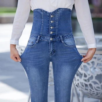 Efterår og vinter ultra høj talje jeans kvindelige fødder bukser bukser tynd Slank længere afsnit breasted stretch bukser maven