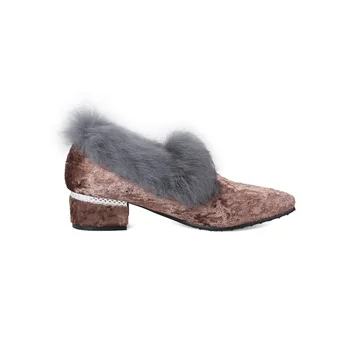 EGONERY 2018 nyeste spids tå fur dekoration holde varm og komfortabel mode pumper elegante tykke hæle foråret flok kvinder pumper