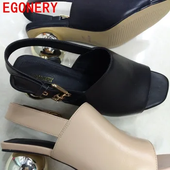 EGONERY kvinder sandaler sko 2017 damer sfæriske hæl peep toe blødt ægte læder kvinde black apricot hæle sandaler fest