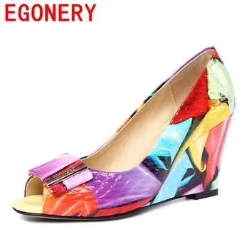 EGONERY mode pumper sko 2018 sommeren kvinder i ægte læder høje hæle kiler peep toe party sko plus size dame dans pumper