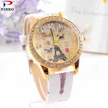 Eiffeltårnet PINBO kvinder se top mærke luksus kvarts colock ure mode fritids-læder armbåndsure reloj mujer R99 gave