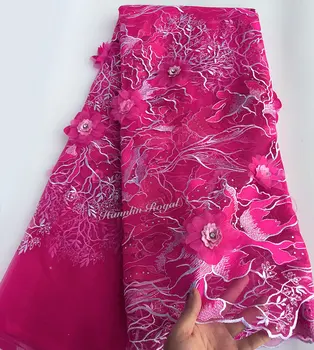 Eksklusive rosa fuchsia franske blonder, blonder, tyl Afrikanske mesh stof med Super store blomster 3D pynt diamanter ene side af grænsen
