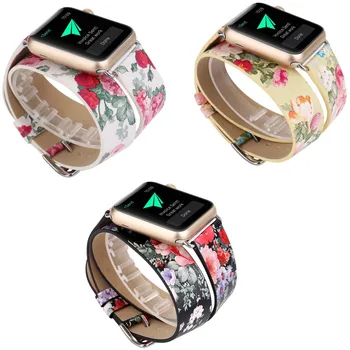 Ekstra Lang Dobbelt Tour Læder Armbånd til Apple Ur Band-Serien 1 2 3 Blomster Blomst Strop til iWatch 42mm 38mm Watchbands