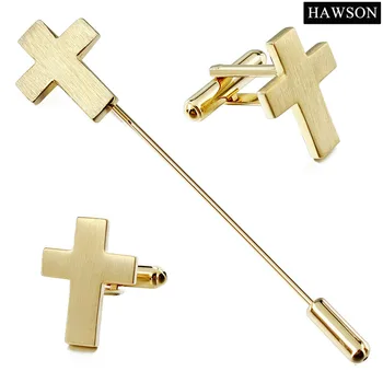 Elegant Herre Shirt Golden Cross Revers Pin-Cuff Links Sæt Børstet Advokat Manchetknapper med Box
