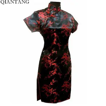 Elegant Sort-Røde Kinesiske Kvinders Cheongsam Mujeres Vestido Nye Sommer Mini Qipao Drees Størrelse S M L XL XXL XXXL 4XL 5XL 6XL J4035
