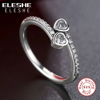 ELESHE 925 Sterling Sølv Double Hearts Of Love Klare CZ, Sølv Åbne Finger Ringe til Kvinder, Bryllup, Engagement Smykker