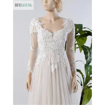 Elfenben Blonder, Tyl Lange Ærmer Floor Længde V-Hals A-line Wedding Dress Domstol Tog Custom made