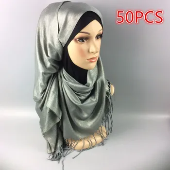 En 60 50stk Hot sell kvindelige glitter solid farve lurex sjaler lyddæmper hovedbøjle shimmer populære hijab efteråret muslimske tørklæder/tørklæde