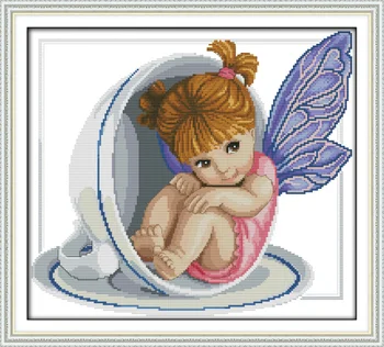 En lille engel i koppen baby pige malerier tælles print på lærred DMC 11CT 14 CT kits Cross Stitch broderi håndarbejde Sæt
