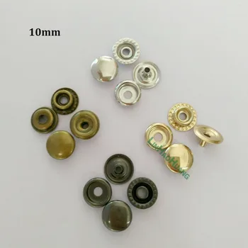 Engros 100sets/masse 10mm fire del messing metal-knappen ring snap tryk på knappen tryklåse sølv, bronze, sort, guld+Værktøjer