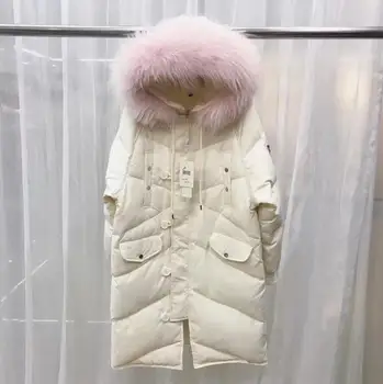 Engros 2018 vinter nye fashion brand med stor pels krave hætte varm dunjakke kvindelige længere pels wj1454 gratis fragt
