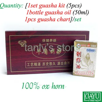 Engros & Detail Traditionel Akupunktur Massage hård kasse Gua Sha kit 5pcs/set +1stk diagram +1bottle guasha olie ox horn