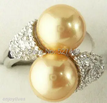 Engros GRATIS SIPP>Dobbelt Gylden Shell Pearl Hvid Krystal sten Ring Størrelse: 6.7.8.9