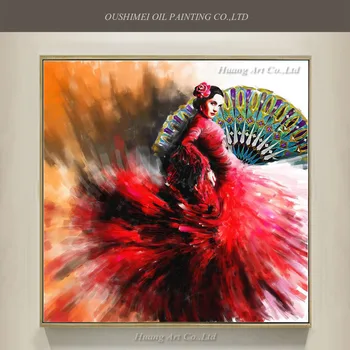 Engros Hånd Malet Af Høj Kvalitet Flamenco Danser Spansk Danser Olie Maleri Peacock Fans Olie På Lærred Maleri På Væggen Indretning