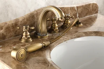 Engros Messing Badekar 5 stk Vandhaner Antikke Klassiske Stil Badeværelse Vask Blandingsbatterier Tre Håndtag med håndbruser ZR887