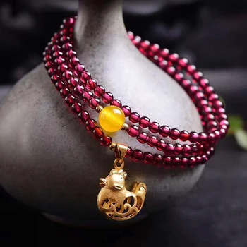 Engros Naturlig Granat Armbånd Vin Rød Perle Med 3D Kylling vedhæng Armbånd Kvinder Girl Crystal Multilayer Boheme Smykker
