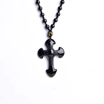 Engros Naturlig Sort Obsidian Skåret på Tværs Heldig vedhæng gratis perler halskæde til kvinde mand håndskårne Vedhæng Smykker