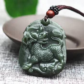 Engros Naturlige Grønne HETIAN Nephrite Vedhæng Skåret Kirin Drage Halskæde Heldig Amulet Gave For Mænd Jade Smykker