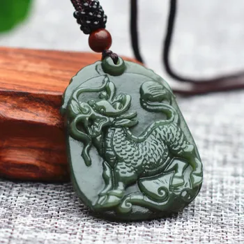 Engros Naturlige Grønne HETIAN Nephrite Vedhæng Skåret Kirin Drage Halskæde Heldig Amulet Gave For Mænd Jade Smykker