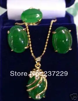 Engros-pris, GRATIS FORSENDELSE ^^^^Smukke grønne sten halskæde, øreringe og ring set