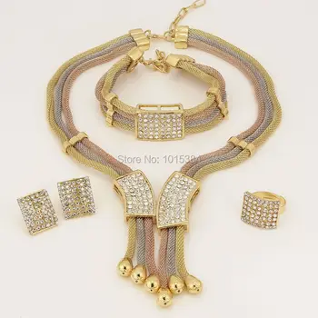 Engros Tyrkiet Tre Tone Charms Choker Dubai Elegante Kvinder, Gaver, Halskæde, Armbånd, Øreringe Ring Sæt Krystal Smykker Sæt