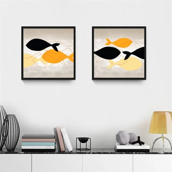 Enkel Blå Orange Gul Fisk Mur Tegning Middelhavet Nordiske Papir Søde Lærred Vægmaleri Kunst Plakat Pynt til Klasseværelset Shop