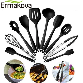 ERMAKOVA 10 Stk/Sæt Silikone Køkkenredskaber Set Non-Stick Silikone Tong Ske Spatel Pasta Server Piskeris Slev Sort Si