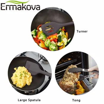 ERMAKOVA 10 Stk/Sæt Silikone Køkkenredskaber Set Non-Stick Silikone Tong Ske Spatel Pasta Server Piskeris Slev Sort Si