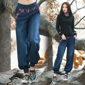 Etniske jeans 2018 kvinder efterår forår hippie boheme oprindelige lange broderi denim bred ben bukser, bukser Kinesisk tøj