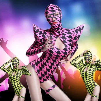 Europa Fashion Kvinder til at Sluge binde Kostume Sæt Ds hip hop dans sanger Houndstooth Ydeevne slid Sexet Neon Ét stykke Bodysuit