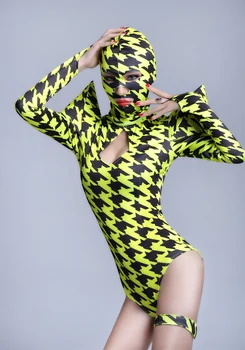Europa Fashion Kvinder til at Sluge binde Kostume Sæt Ds hip hop dans sanger Houndstooth Ydeevne slid Sexet Neon Ét stykke Bodysuit