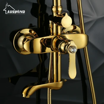 Europæisk guld Solid Messing Regnen falder brusebad hane, badeværelse tilbehør Diamanter horn top dyse 2 Håndtag crystal brusesæt ZT21