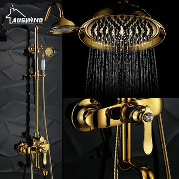 Europæisk guld Solid Messing Regnen falder brusebad hane, badeværelse tilbehør Diamanter horn top dyse 2 Håndtag crystal brusesæt ZT21