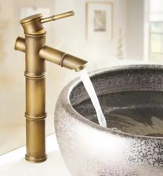 Europæiske antikke badeværelse vask bassin hane retro, Bambus stil enkelt hul bassin hane vintage, af Messing vandhane varmt og koldt