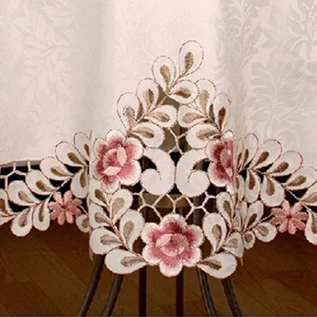 Europæiske Elegante Polyester Broderet Dug Broderede Blomster Cutwork rund dug Støv, der Dækker med Blonde Kant beige