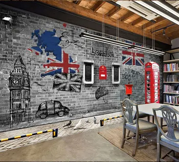 Europæiske og Amerikanske retro nostalgi London telefonboks cafe restaurant stort vægmaleri 3D tapet soveværelse, opholdsstue, TV, stereoanlæg