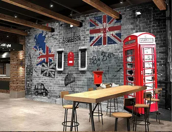 Europæiske og Amerikanske retro nostalgi London telefonboks cafe restaurant stort vægmaleri 3D tapet soveværelse, opholdsstue, TV, stereoanlæg