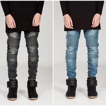 Europæiske og Amerikanske street BIKER JEANS brand personlighed mænd motorcykel jeans plisserede Slank Blyant bukser med høj elasticitet jeans