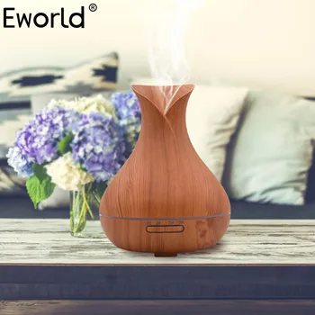 Eworld 400ml Luft Luftfugter Aroma Æterisk Olie Diffuser Ultralyd med Træ, Korn 7Colorful Skiftende LED Lys, el-aroma